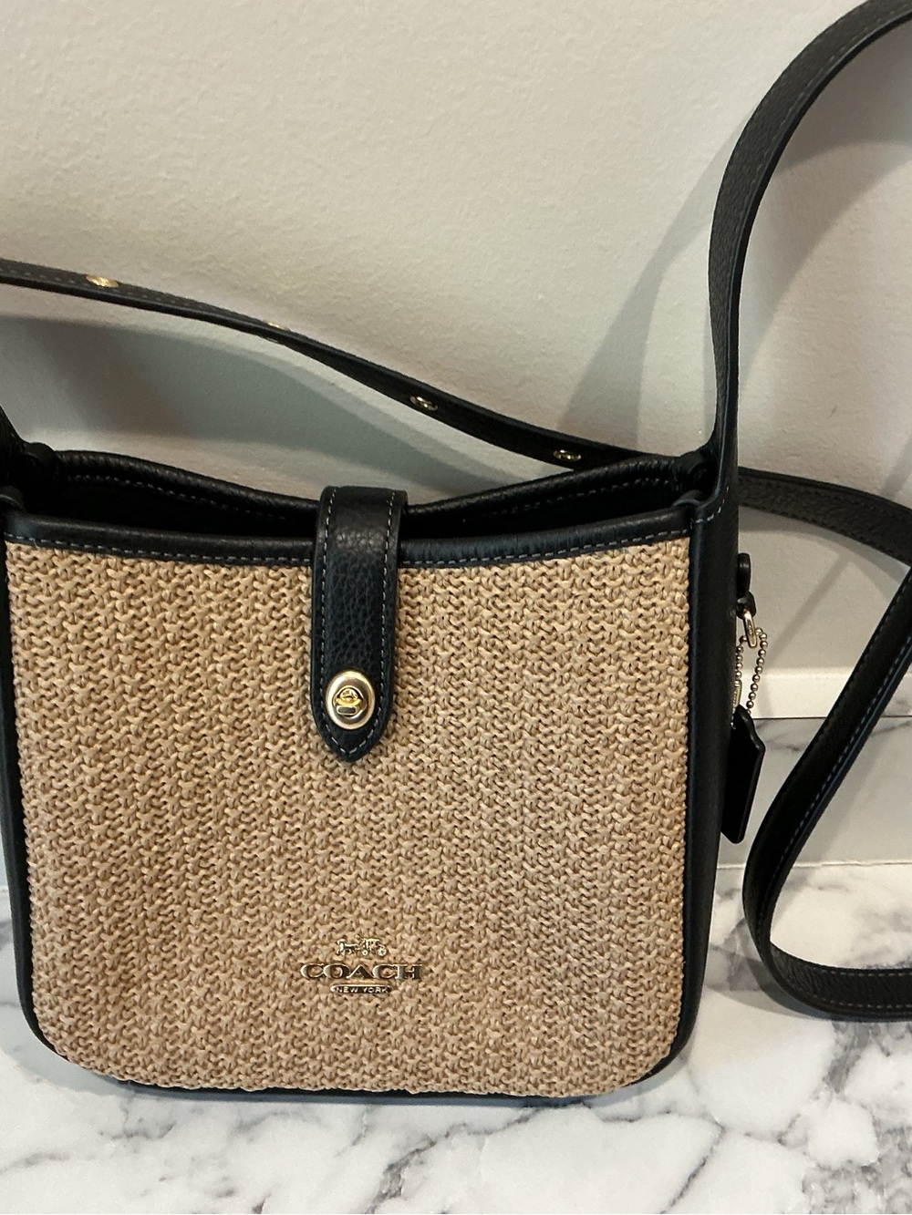 Coach Natural Straw and Black Leather Crossbody